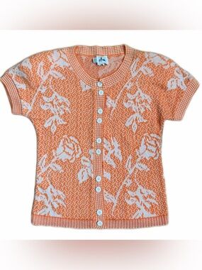 Vtg 80s 90s AMI KNITS Floral Cardigan Orange White Grandmacore Made in USA S/M